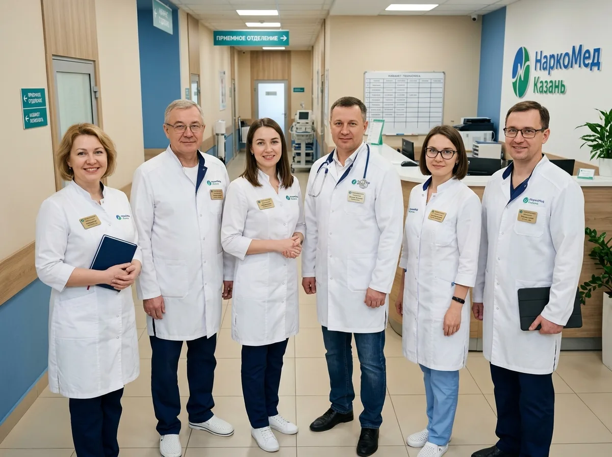 Команда врачей-наркологов клиники НаркоМед Казань в белых халатах, профессиональная медицинская обстановка, уверенный и внимательный вид