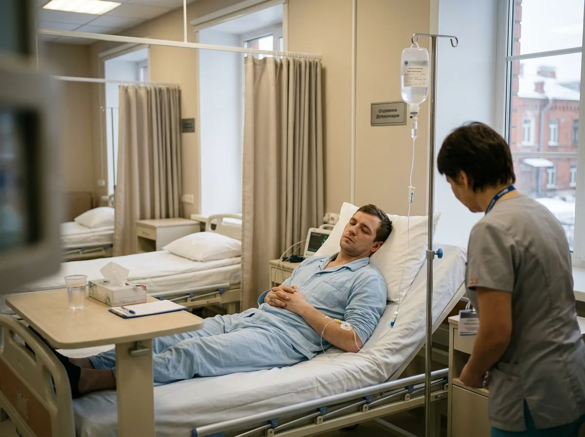 Пациент с наркотической зависимостью в процессе детоксикации, медицинская капельница, спокойная палата стационара Казань