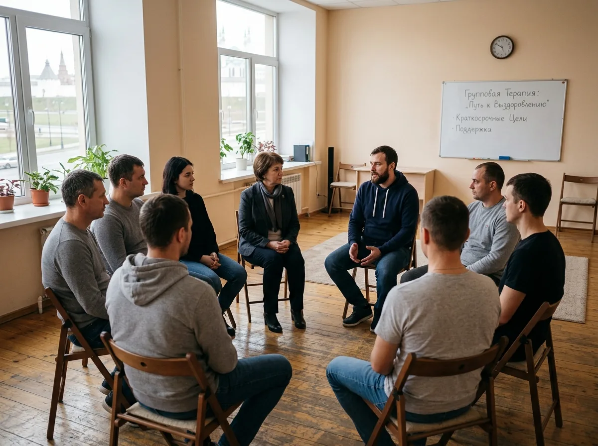 Групповая терапия в реабилитационном центре, пациенты с зависимостью на занятии с психологом, светлый зал, Казань