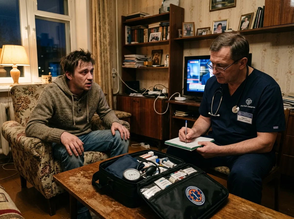 Нарколог на выезде записывает жалобы пациента, медицинский чемоданчик, домашняя обстановка, вечер, профессиональный осмотр