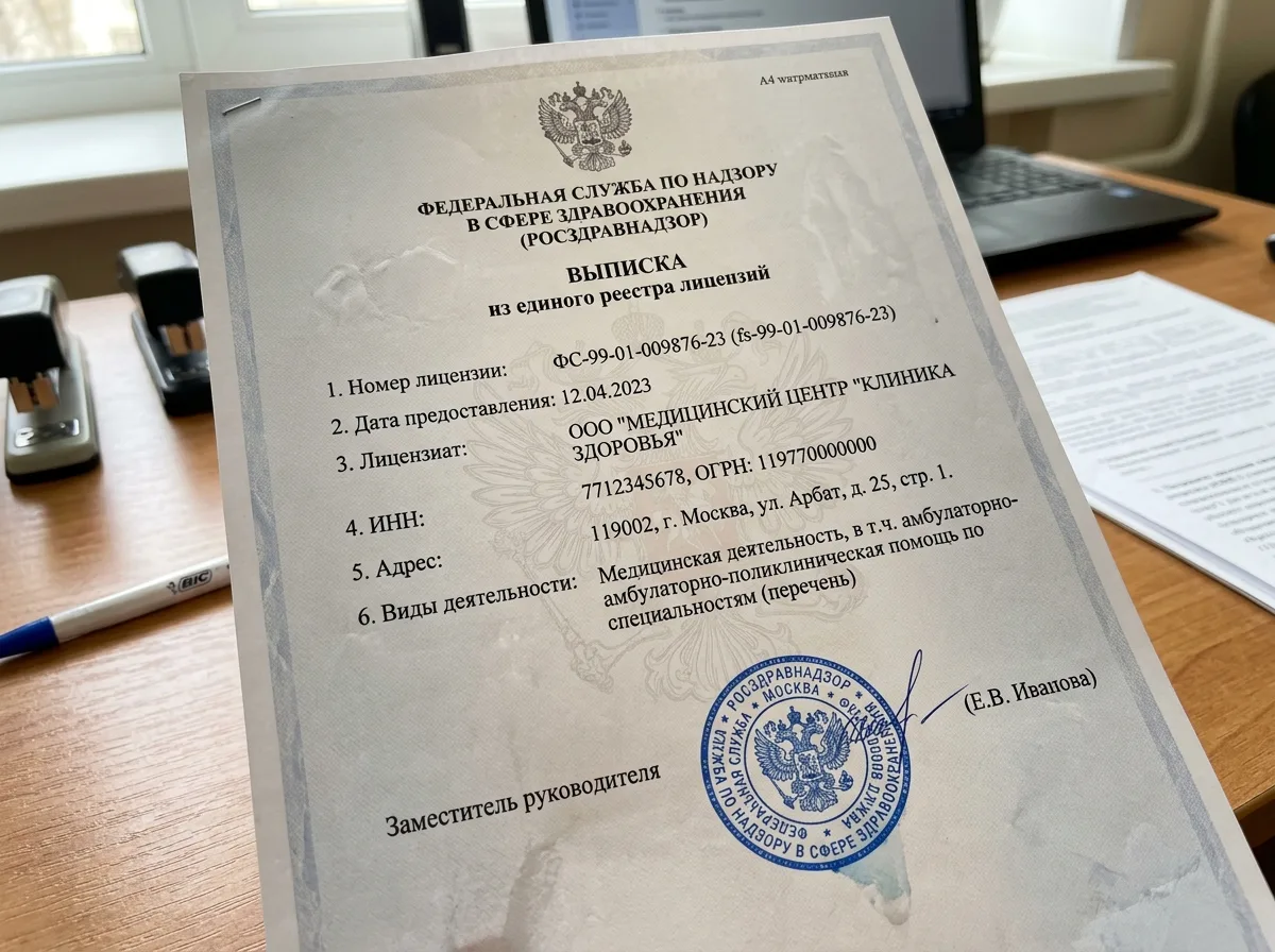 Выписка из государственного реестра лицензий Росздравнадзора на медицинскую деятельность клиники — официальный документ, печать
