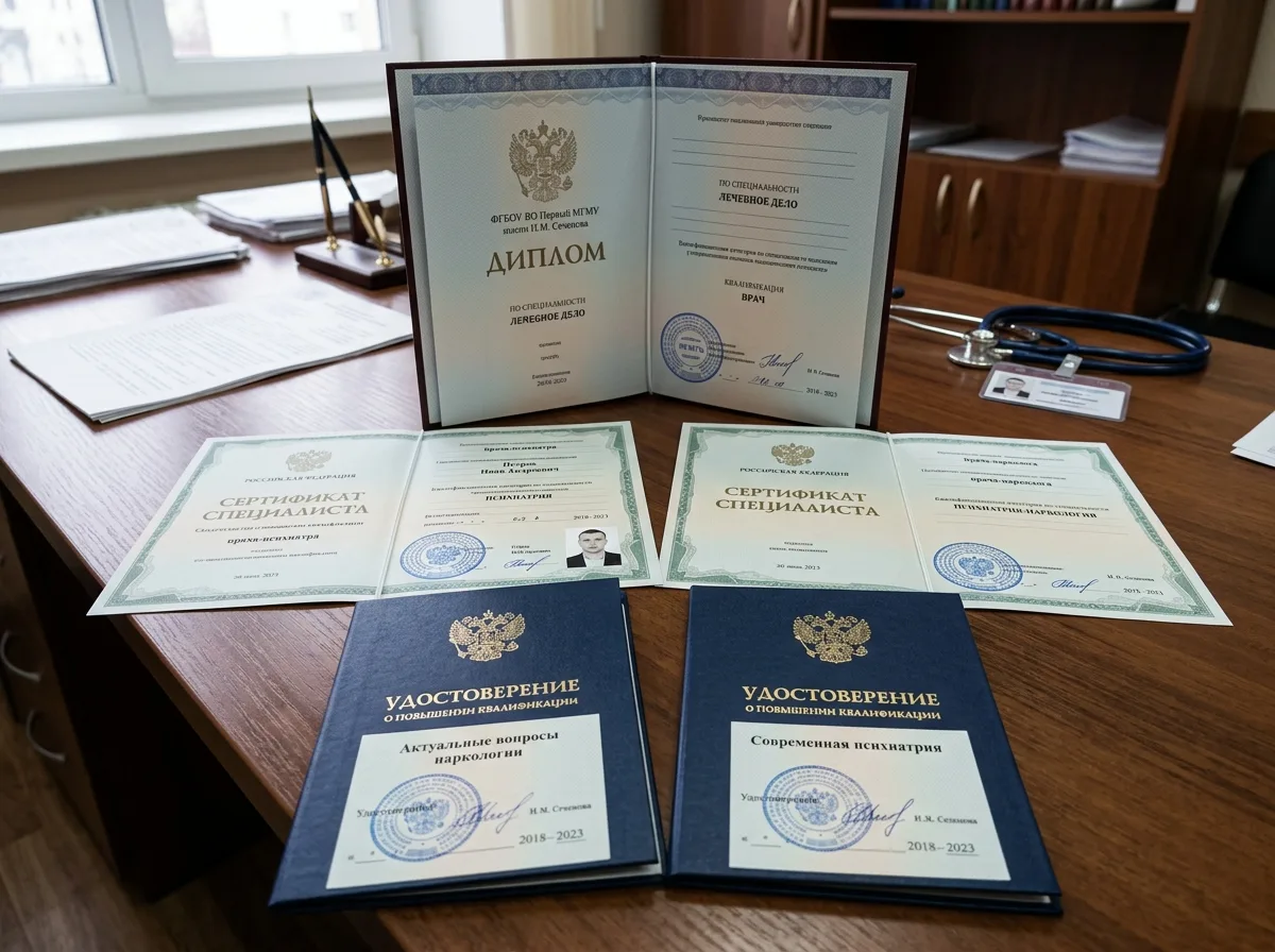 Сертификаты специалиста врача-нарколога и психиатра, документы о повышении квалификации, диплом медицинского вуза