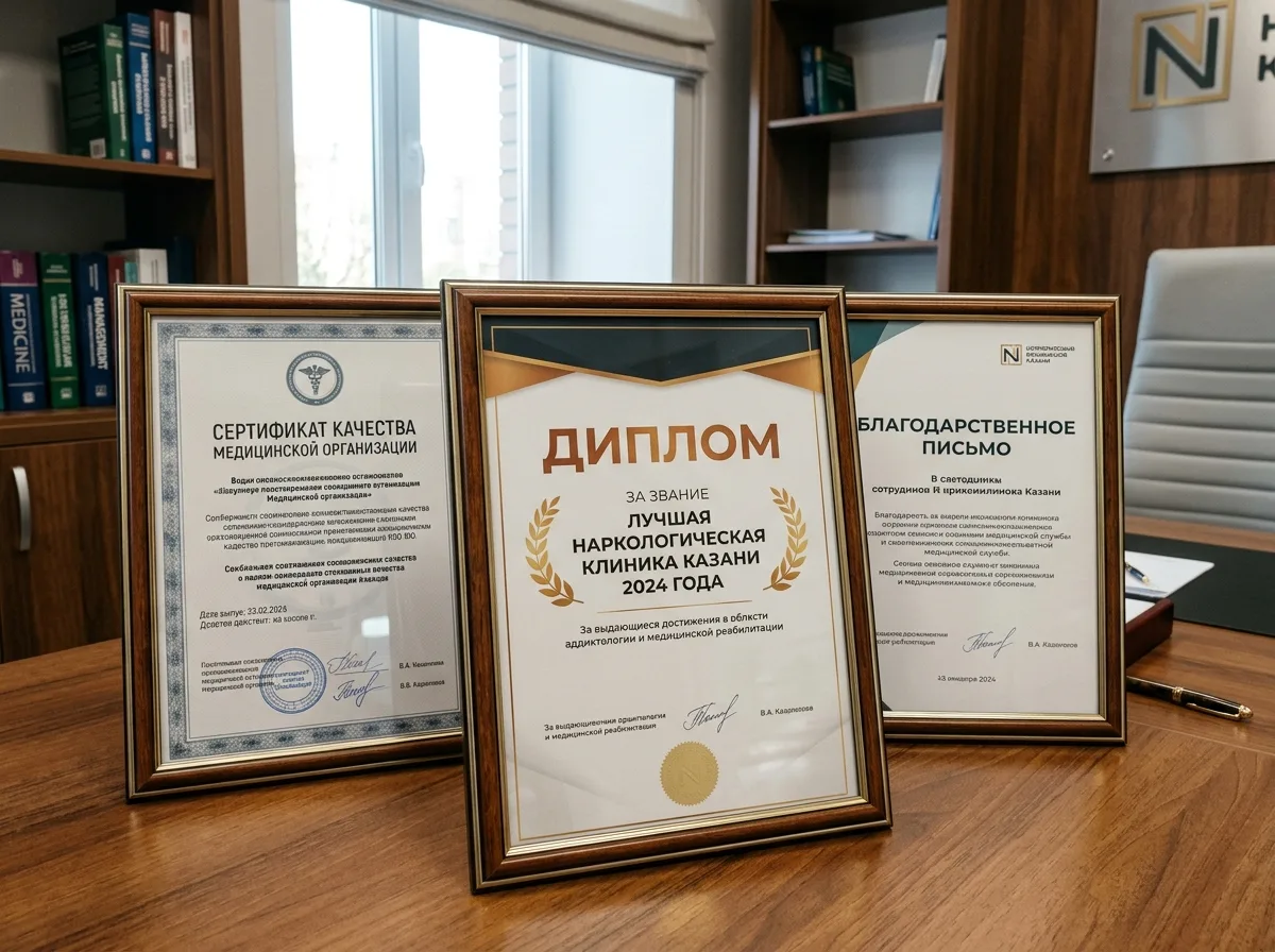 Диплом лучшая наркологическая клиника Казани 2024, благодарственное письмо и сертификат качества медицинской организации